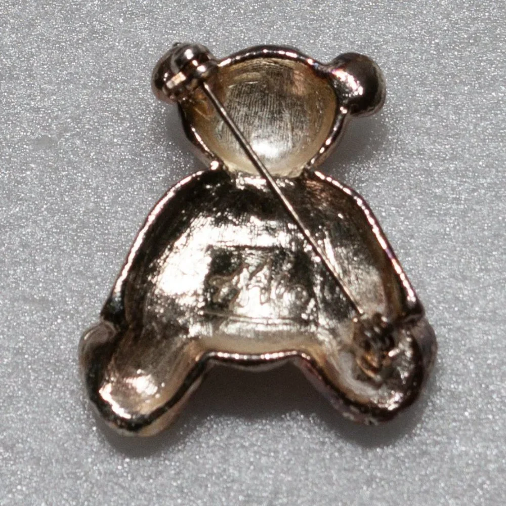Vintage Signed AAI Teddy Bear Pin Gold Tone Rhinestone Cute Brooch Casual X